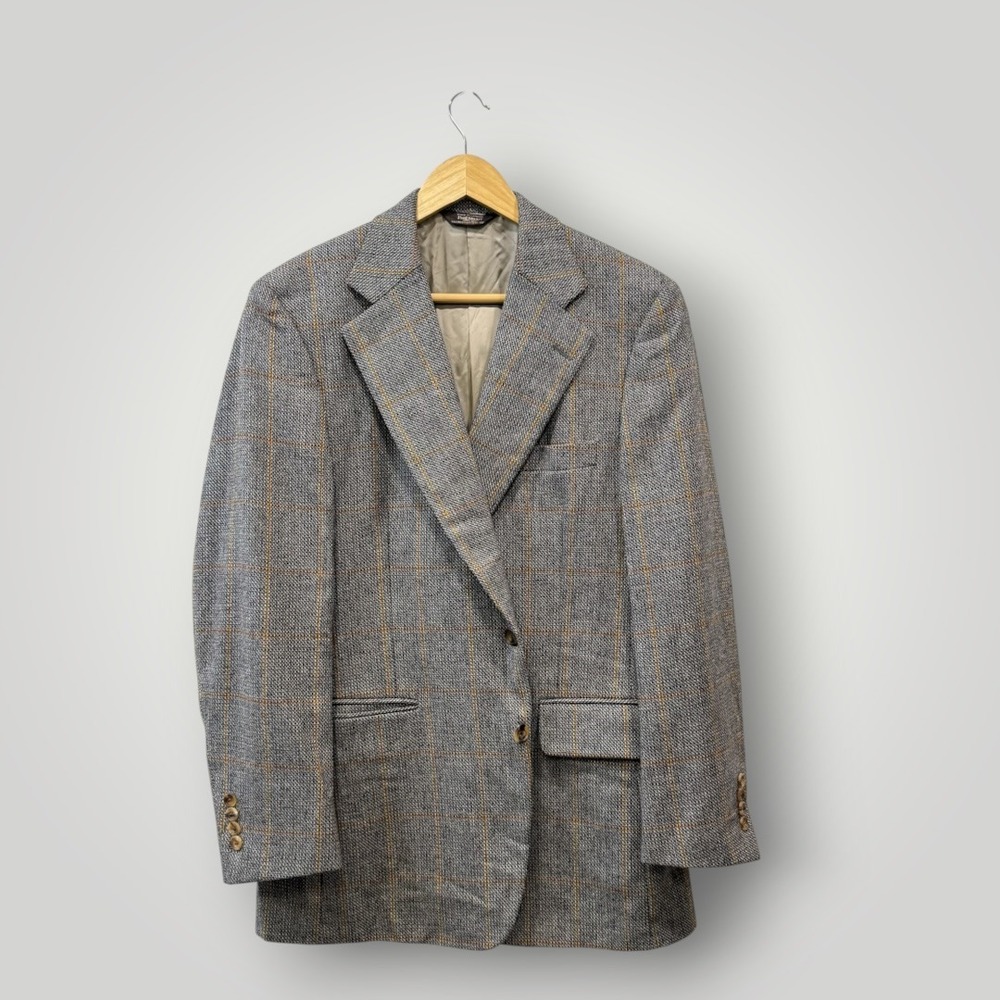 Paul Stuart Mens 41R Wool Blazer Grey Orange Windowpane Woven in Scotland Canada
